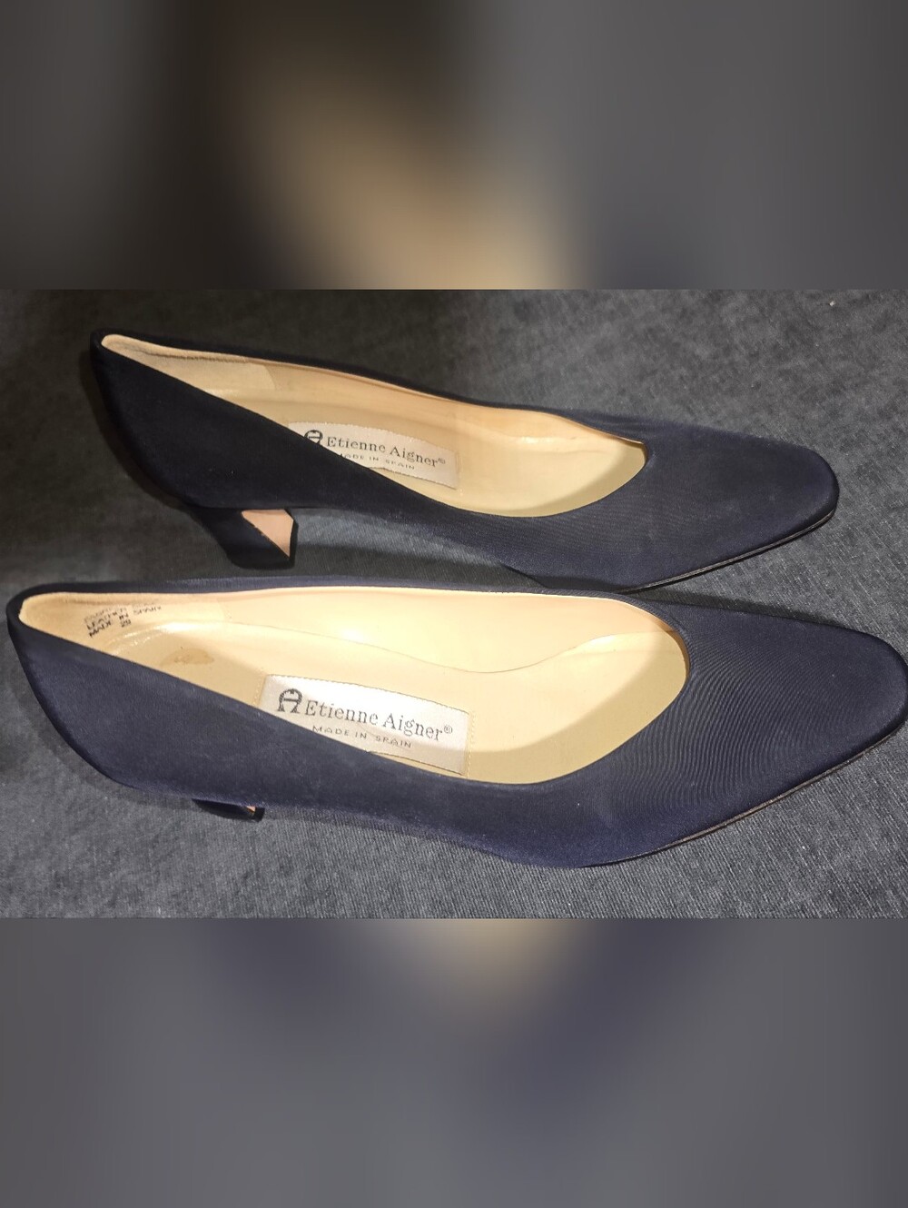 Etienne Aigner Taylor Navy Blue Satin Pumps Pointed Toe Block Heel Shoes 7.5M